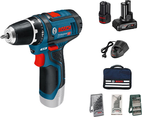 Bosch bleu gsr 12v-15 perceuse visseuse sans fil | Batterie 12 V 2,0 Ah + 4,0 Ah | + 39 accessoires - 0615990g6l