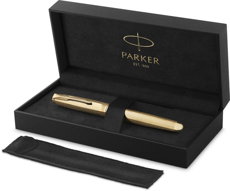 Stylo plume Parker Sonnet Ciselé édition spéciale, capuchon, corps et détails avec finition dorée, plume fine en or massif 18 carats, encre noire et convertisseur