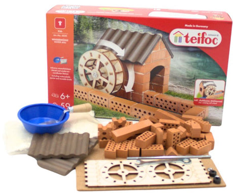 Coffret de construction Teifoc ® – Jeu de construction moulin à eau – 60 pièces – Véritables mini briques avec ciment, bol et truelle – Kit de construction pour enfants à partir de 6 ans