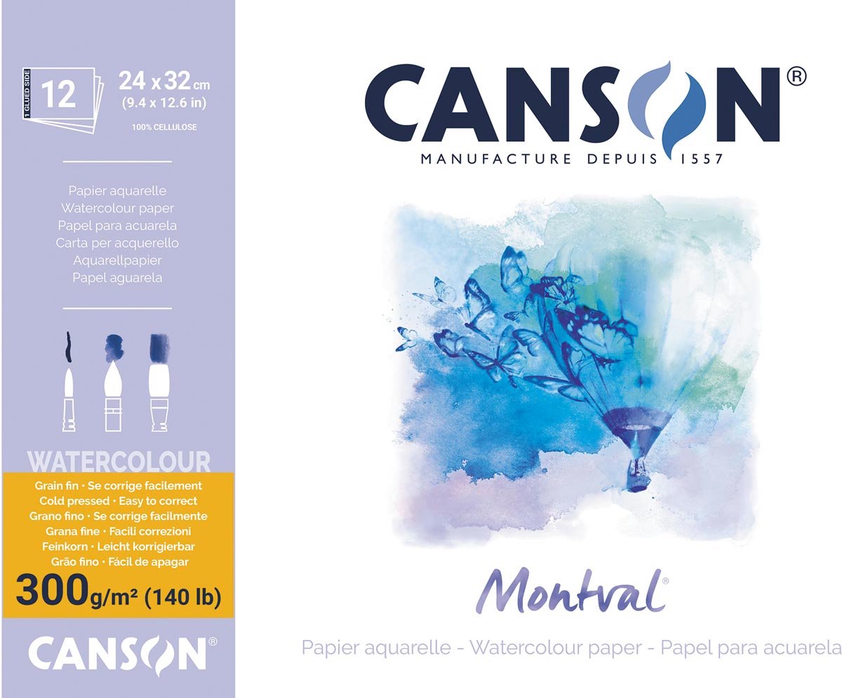 Papier aquarelle Canson montval | blanc à grain fin 300 g m² | pi 24 x 32 cm | bloc de 12 feuilles