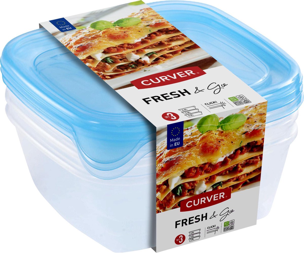 Contenants alimentaires Curver Fresh Go avec couvercle - 3x0,8 litres - 3 pièces - bleu transparent