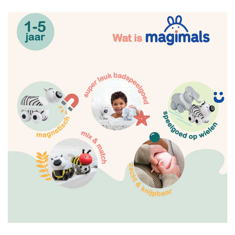 Magimals wheely safari box - animaux magnétiques interactifs sur roues (6 pièces). des jouets amusants et créatifs, parfaits pour le bain ou en déplacement !