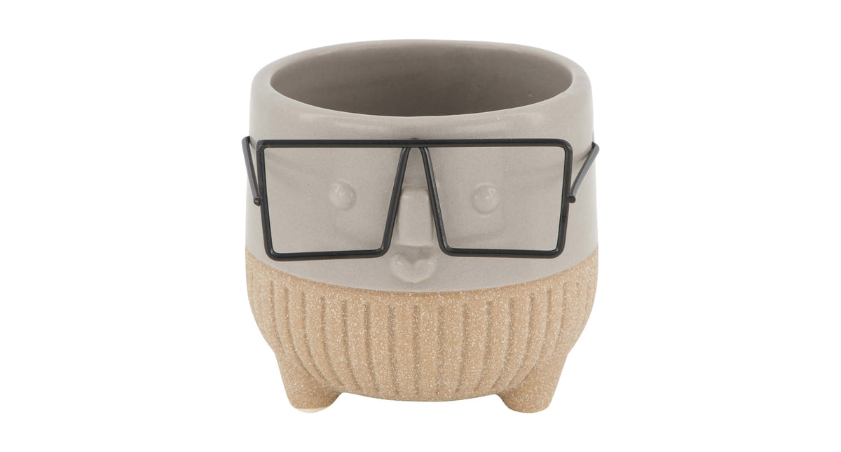 Planter face with glasses ceramic 8x8x7.3cm grey