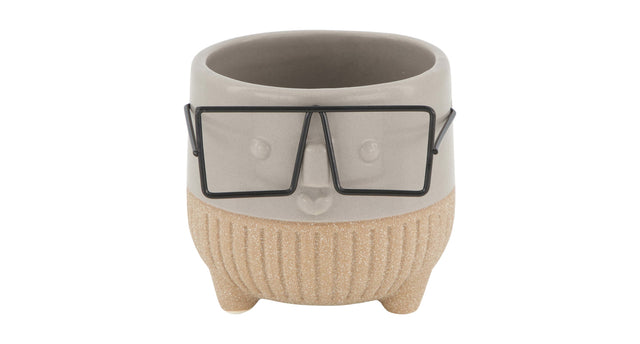 Planter face with glasses ceramic 8x8x7.3cm grey