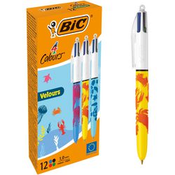 Stylo bille rétractable 4 couleurs velours Bic - différents décors jungle - boîte de 12 pièces - pointe moyenne 1 mm