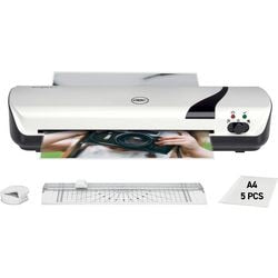 Plastifieuse Gbc inspire+ - blanche - a4 - 25 microns avec kit hobby, incl. 1x arrondisseur de coins, 1x machine de découpe de rouleaux de papier et un pack de démarrage avec 5 pochettes de plastification A4.