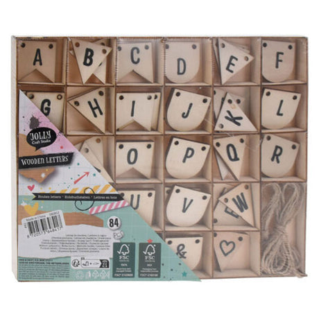 Lettres en bois, 84 pièces.
