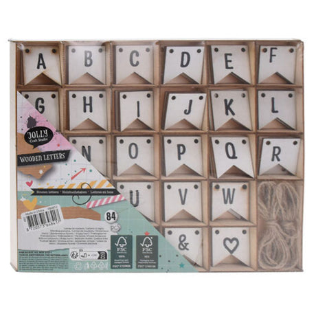 Lettres en bois, 84 pièces.