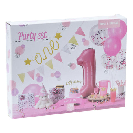 Ensemble de décoration de fête 1er anniversaire - fille rose, 9 pièces.