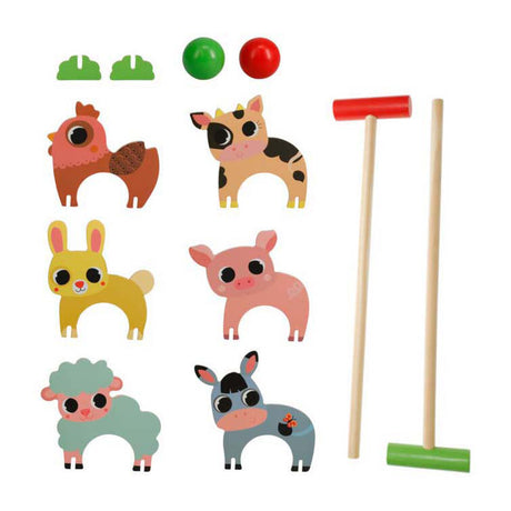 Jeu de croquet en bois avec animaux de la ferme
