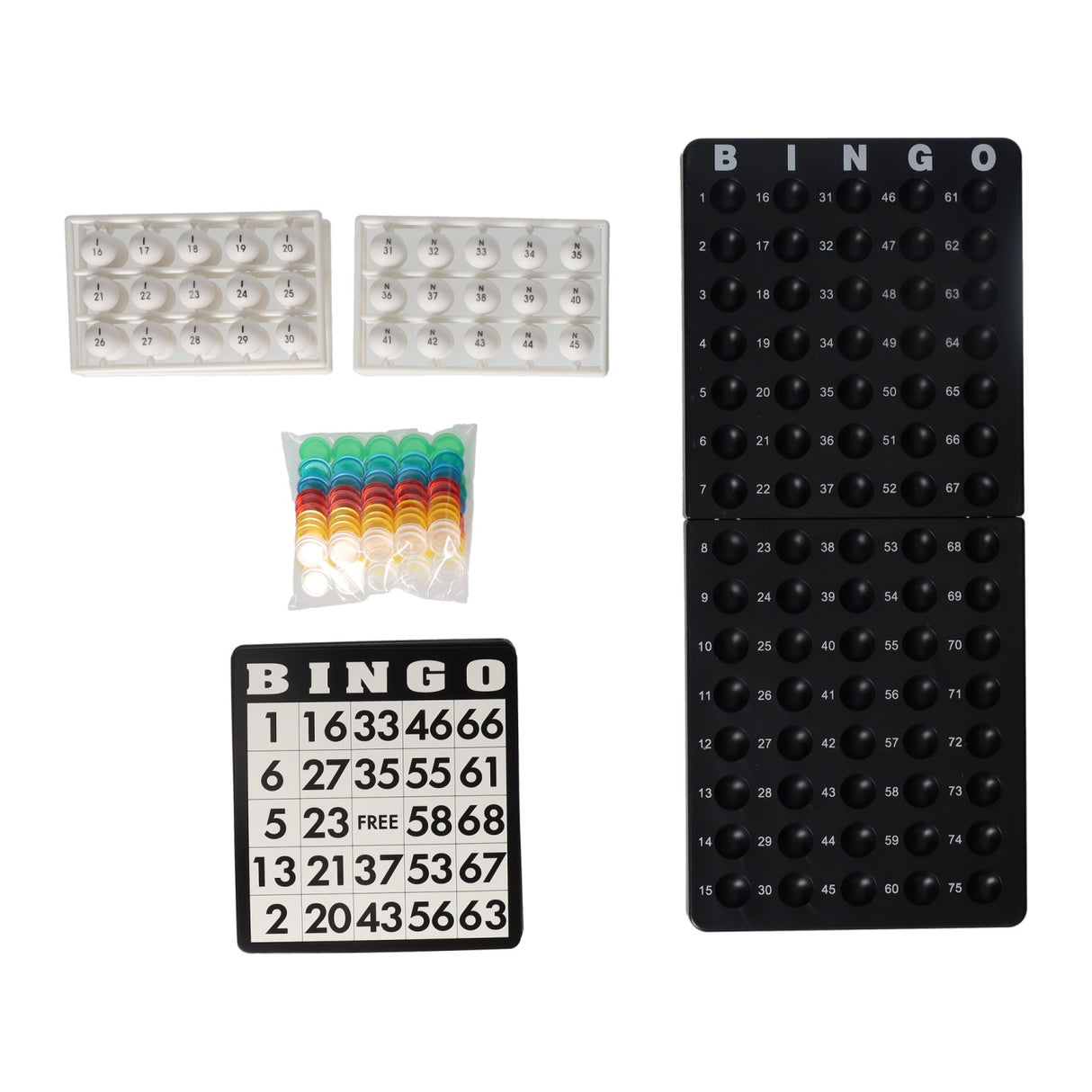 Zwarte bingomolen met speelbord bingokaarten en fiches