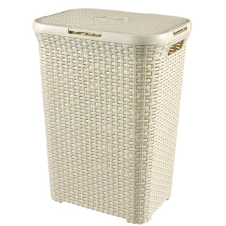 Boîte à linge style Curver avec couvercle style rotin 60 litres ivoire 45x34x62 cm