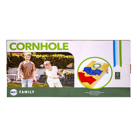 Bex sport bex cornhole family – Jeu de lancer américain – Jeu de poufs – Ensemble de cornhole compact avec 1 plateau de jeu (60x30x7 cm) – comprenant 8 poufs – à partir de 8 ans