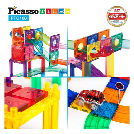 Piste de billes et piste de course Selecta picassotiles - tuiles de construction magnétiques - 108 pcs.