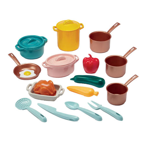 Ecoiffier play set pans and playets with cardboard stove, 20dlg.