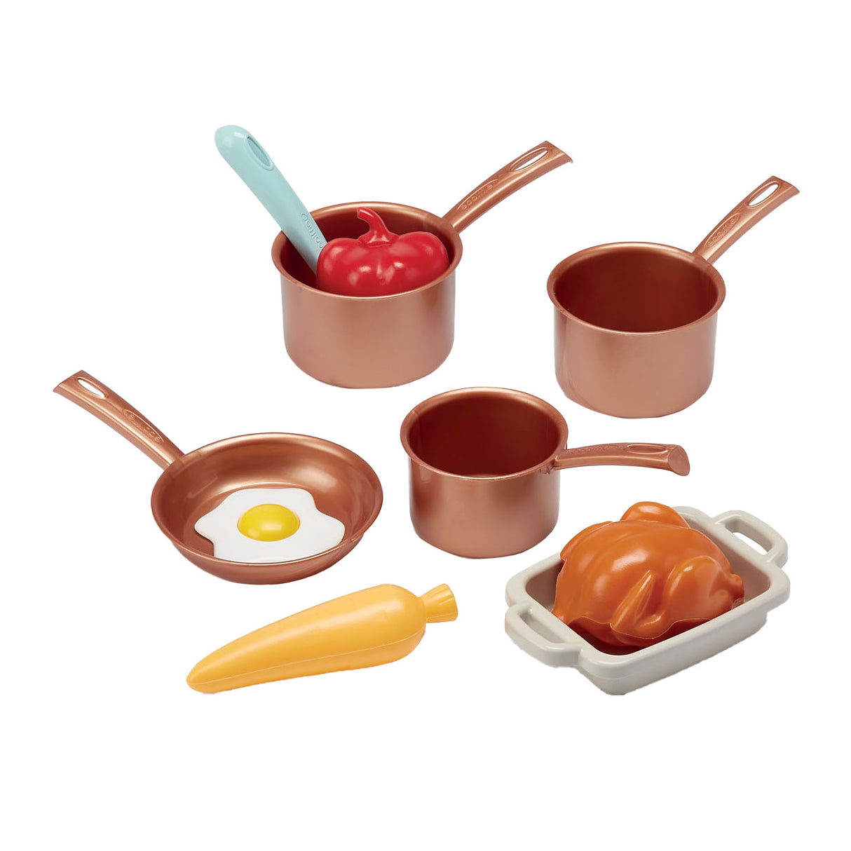 Ecoiffier play set pans and playets with cardboard stove, 20dlg.