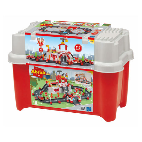 Abrick ecoiffier set de construction - tonneau de jeu des pompiers avec couvercle comme base de jeu - accessoires pour mini ville - à partir de 18 mois - 117 pièces.