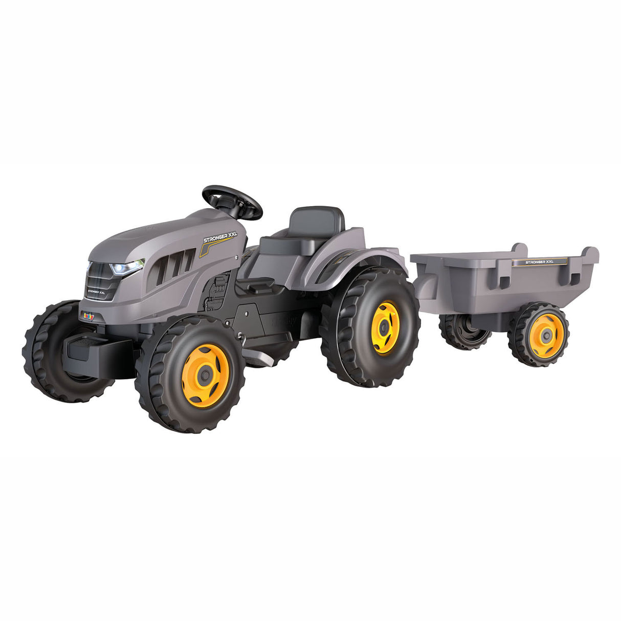 Fëmmert méi staark xxl pedal Traktor mat Trailer Grey