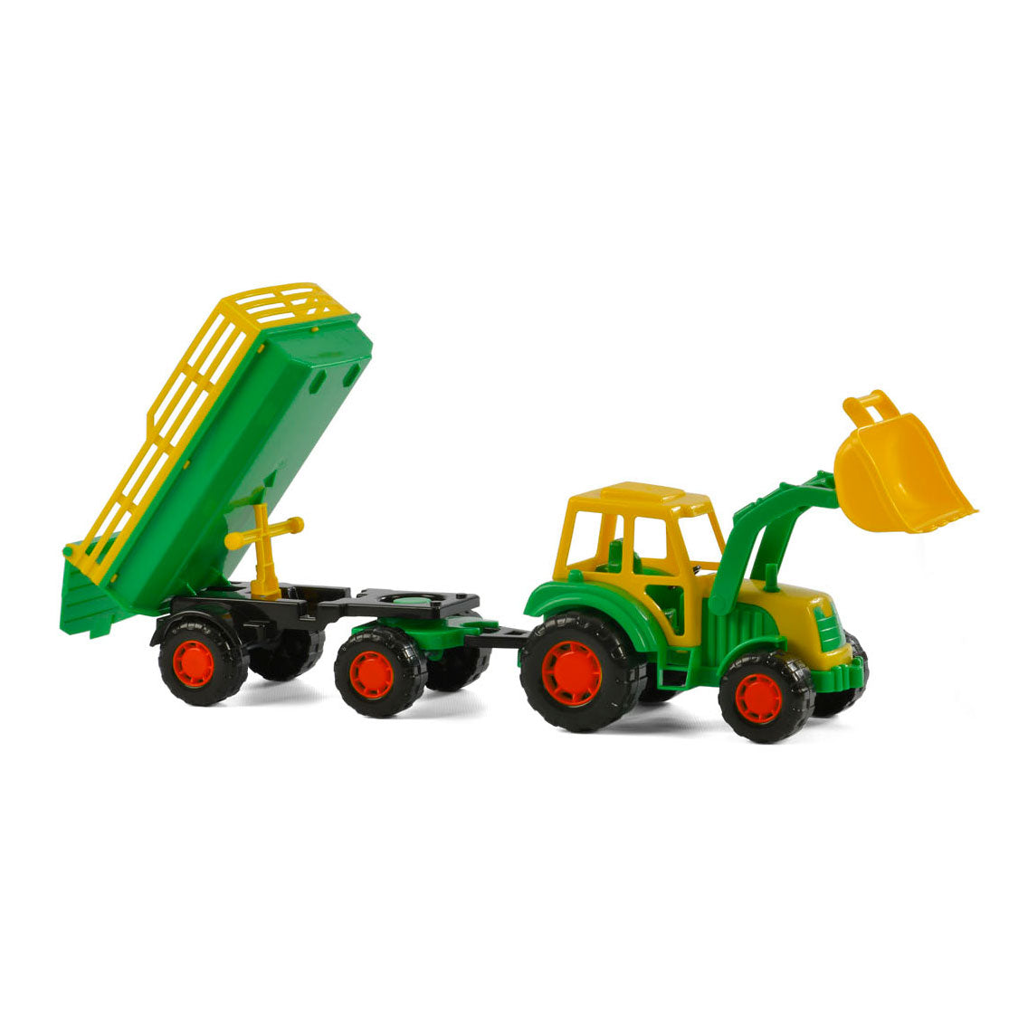 Tracteur Cavallino avec chargeur frontal et remorque vert