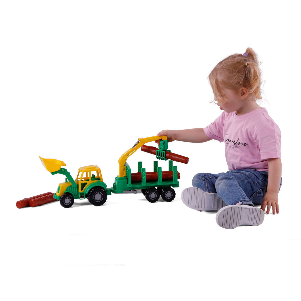 Cavallino Toys Cavallino Junior Ciągnik z przyczepą kranową i drewnem, 46 cm