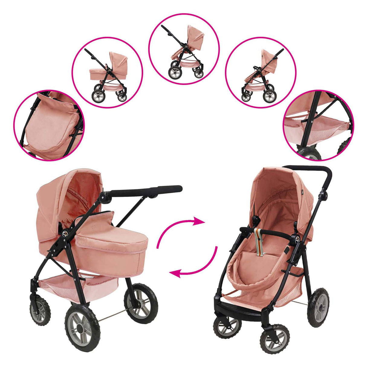 Landau pour poupée 2 en 1 - rose