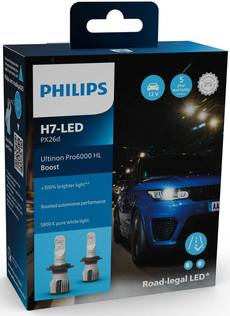 Lampe frontale Philips Ultinon Pro6000 Booster. jeu de lampes 12v h7 led ultinon pro6000
