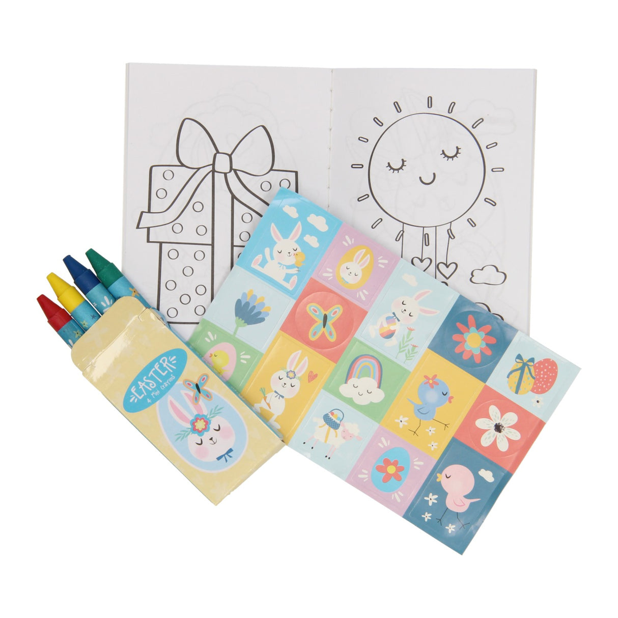 Coffret friandises : livre de coloriage, planche d'autocollants crayons de cire - Pâques