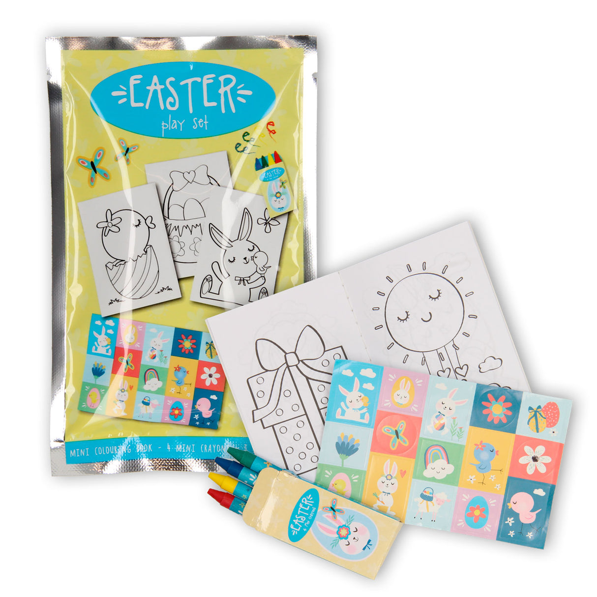 Coffret friandises : livre de coloriage, planche d'autocollants crayons de cire - Pâques