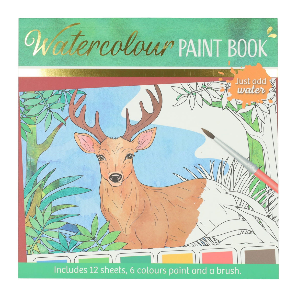 Wins Holland bloc de coloriage aquarelle adultes - animaux de la forêt - comprenant un pinceau et 6 couleurs d'aquarelle