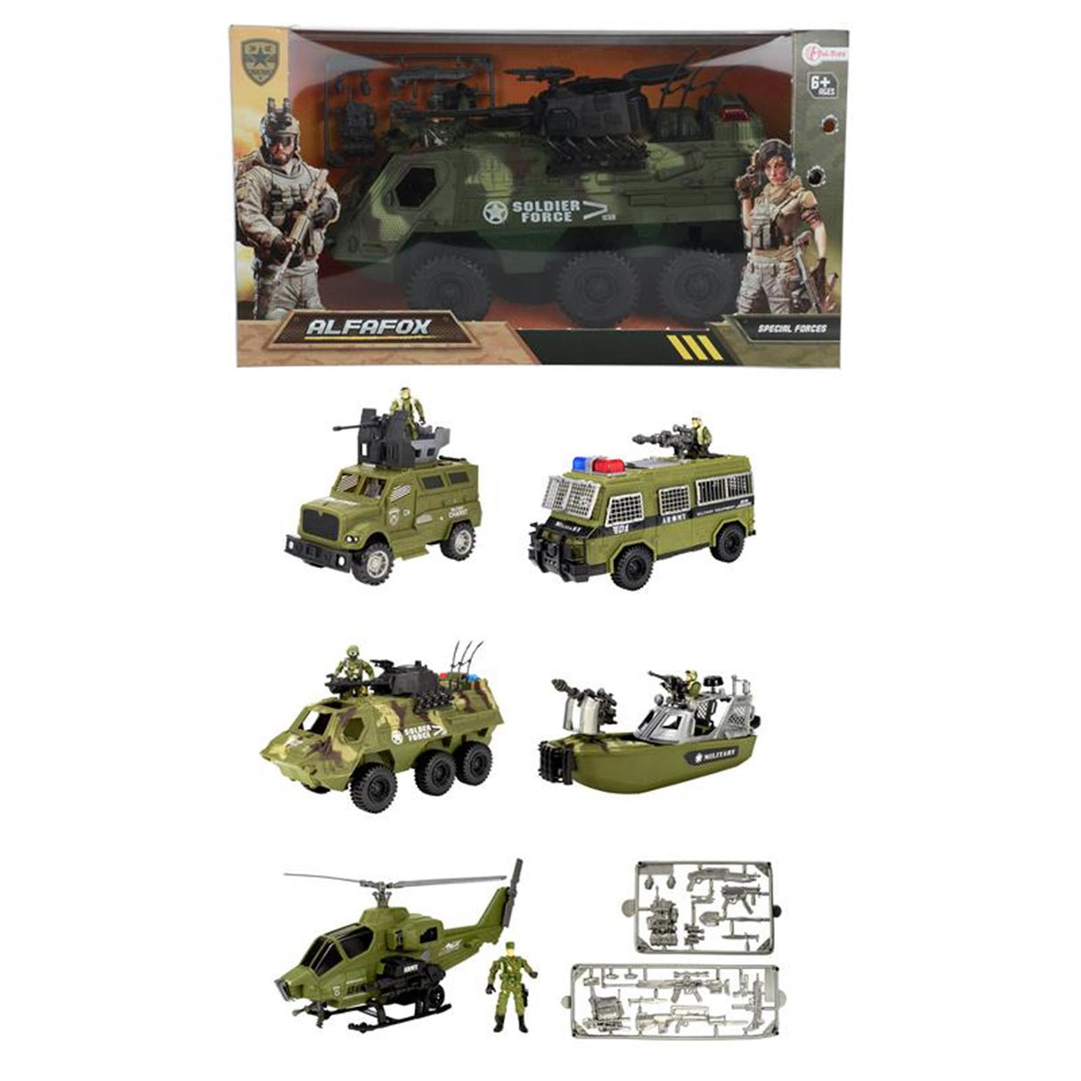 Véhicule militaire de l'armée + soldat et accessoires différents modèles