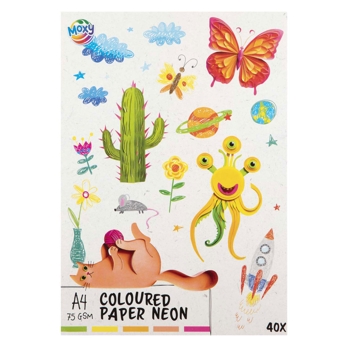 Groupe d'artisanat créatif papier coloré fluoro A4, 40 feuilles 5 couleurs
