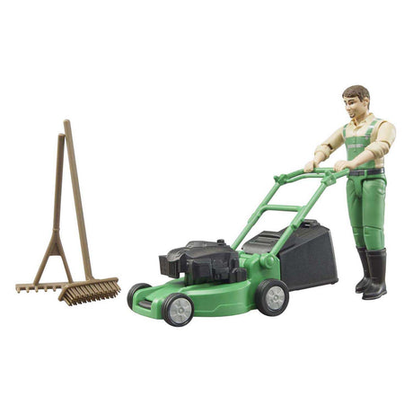 Figurine de jardinier Bruder avec tondeuse à gazon