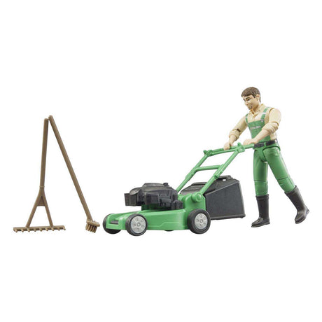 Figurine de jardinier Bruder avec tondeuse à gazon