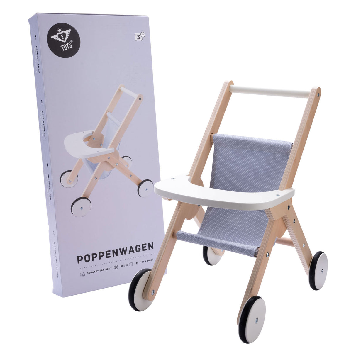 Poussette de poupée en bois gris bleu