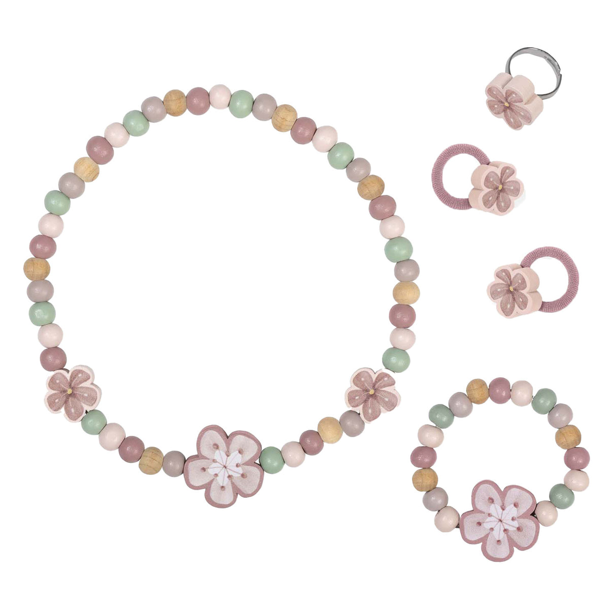Ensemble de bijoux en bois Little Dutch fleurs, 4 pièces.