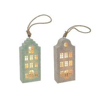 Suspension maison canal feutrine beige vert LED 14,5cm 2 assortis | 4 pièces