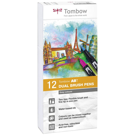 Tombow • ensemble de stylos pinceaux à double pinceau, couleurs primaires, 12 pièces