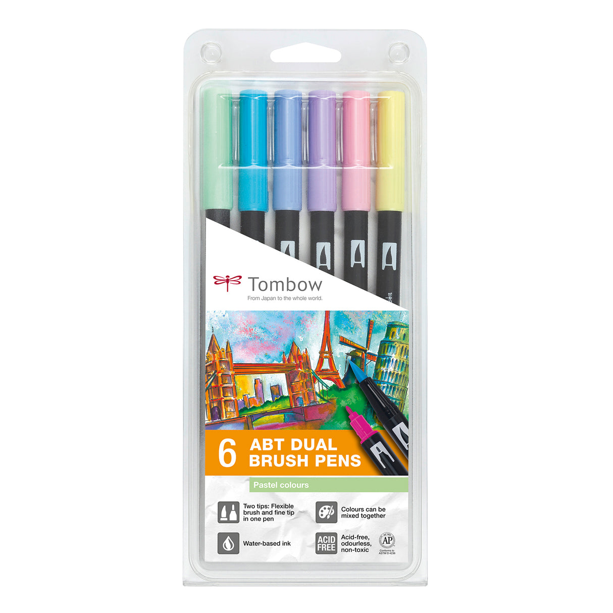 Tombow • ensemble de stylos pinceaux à double pinceau, couleurs pastel, 6 pièces