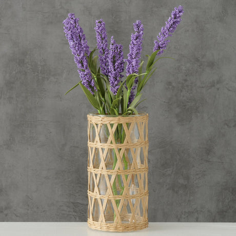 Boltze home vase favro en verre avec boîtier en jonc de mer ø11xh20cm