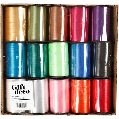 Ruban cadeau d'entreprise Creativ, L: 10 mm, brillant, différentes couleurs, 15x250 m 1 boîte