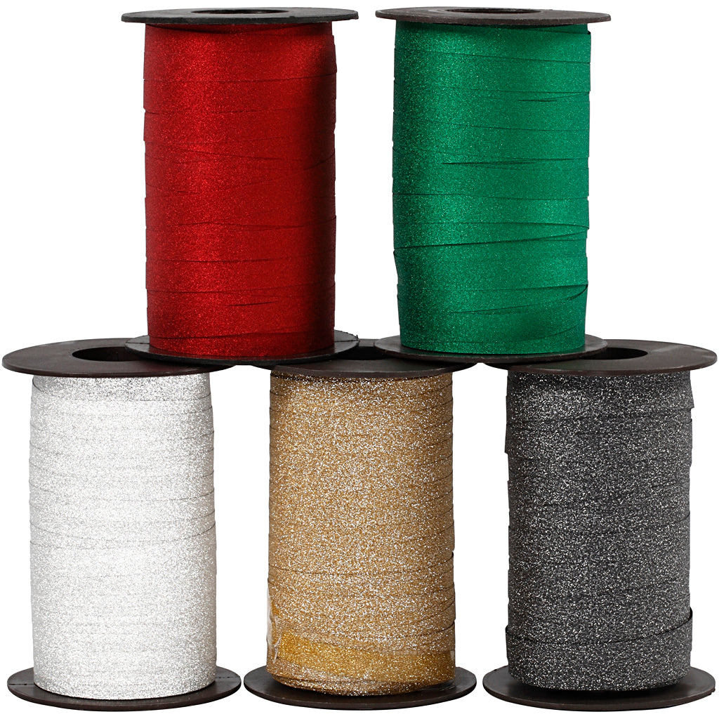 Ruban cadeau entreprise Creativ, l: 10 mm, pailleté, différentes couleurs, 5x100 m 1 boîte