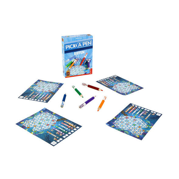 999games 999 jeux - pioche - riffing - jeu de dés - dés avec crayons - feuilles de pointage de 3 niveaux différents - jeu de société - jeu familial - petit cadeau - contient les règles du jeu en NL et EN