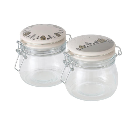 Boltze Pot de Rangement Homewood en Verre avec Couvercle à Pince en céramique avec Image de Maisons 450ml - h12cm dia10cm