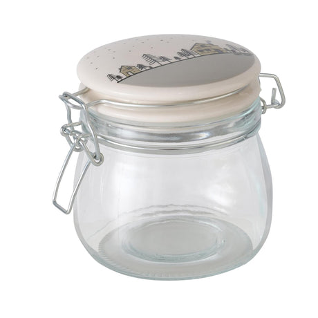 Boltze Pot de Rangement Homewood en Verre avec Couvercle à Pince en céramique avec Image de Maisons 450ml - h12cm dia10cm
