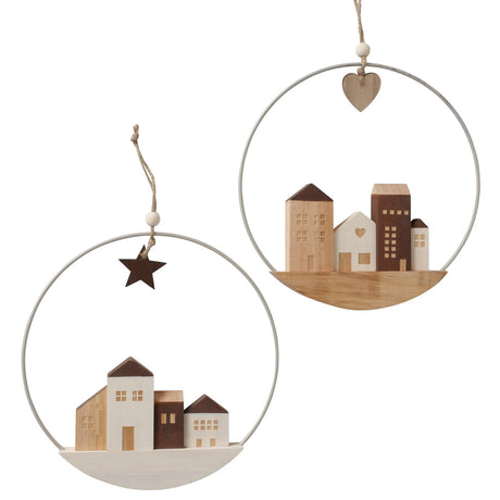 Suspension Oscar décorative Boltze avec maisons en bois dans un anneau en métal dia 25cm