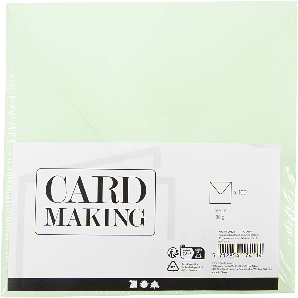 Enveloppes colorées de la société Creativ, format enveloppe 16x16 cm, 80 gr, différentes couleurs, 10x10 pièces 1 boîte