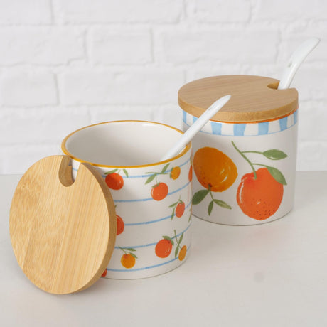 Pot à confiture d'orange Boltze home avec cuillère dia8,5x9cm 170ml dolomite avec couvercle en bambou en 2 versions