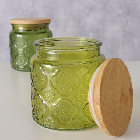 Boltze home pot de conservation imola 500 ml dia10x11cm verre laqué avec couvercle en bambou vert