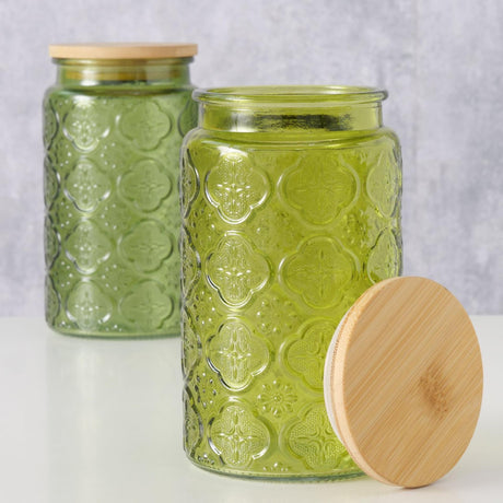 Boltze home pot de conservation imola 1000ml dia10x17cm verre laqué avec couvercle en bambou vert