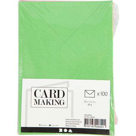 Enveloppes colorées de la société Creativ, format enveloppe 11,5x16 cm, 80 gr, différentes couleurs, 10x10 pièces 1 boîte